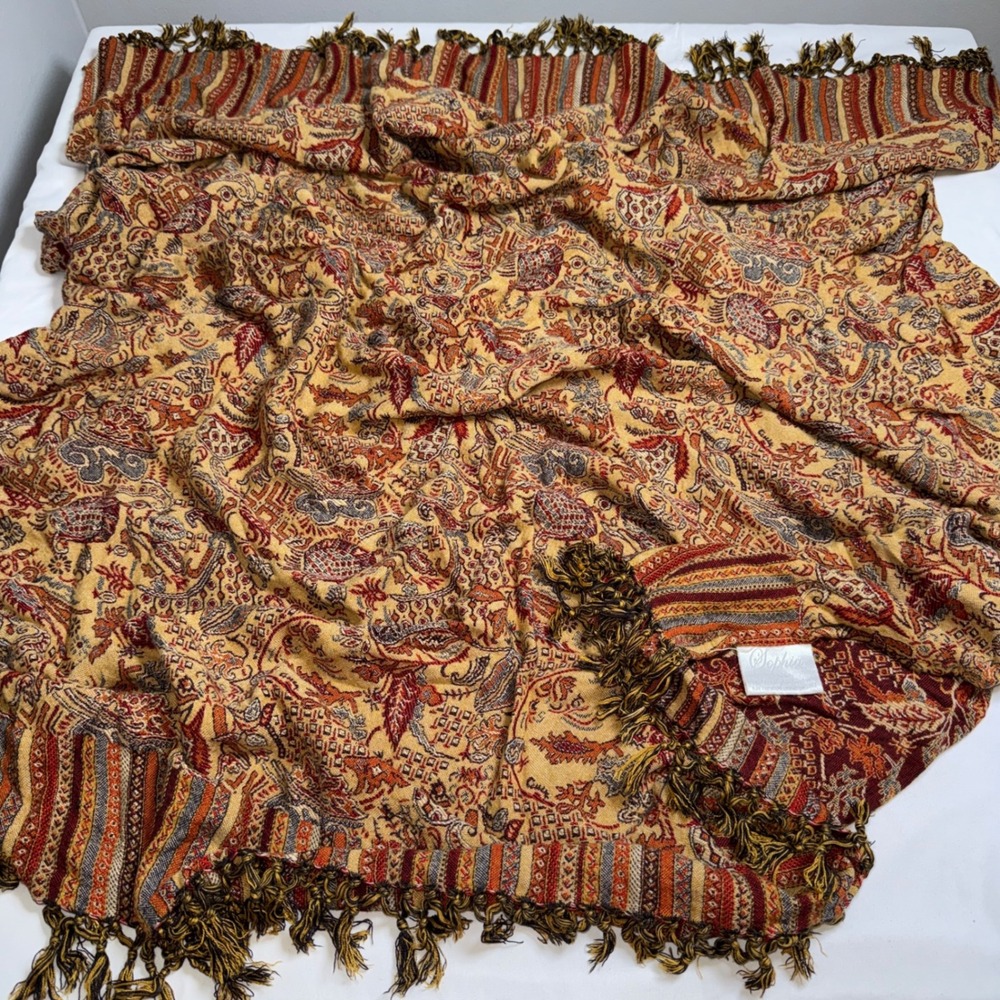 Sophia Paisley Pashmina Shawl Wrap Fringe Earth Tones Made in India Boho Scarf